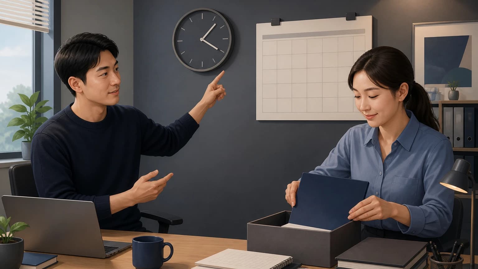 회의 시간이 변경되어 동료에게 미리 알려주는 직장인의 모습
