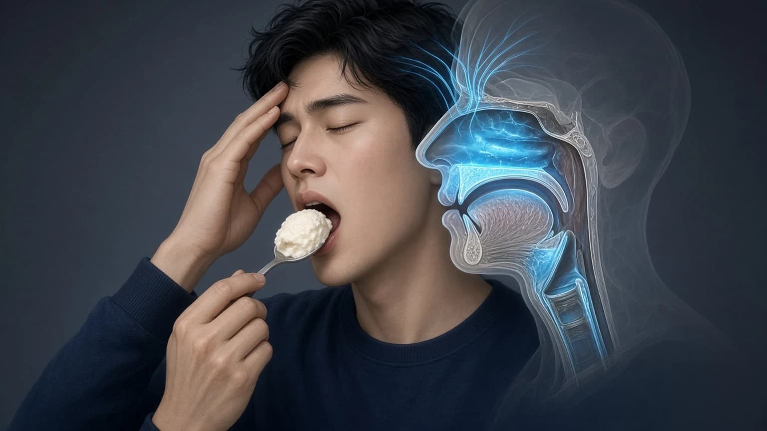 아이스크림이나 슬러시를 빠르게 먹을 때 차가운 자극이 입천장과 목 뒤쪽의 신경에 전달되는 과정