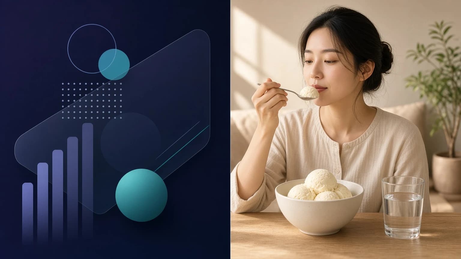 아이스크림을 작은 숟가락으로 천천히 먹으며 브레인 프리즈를 예방하는 모습