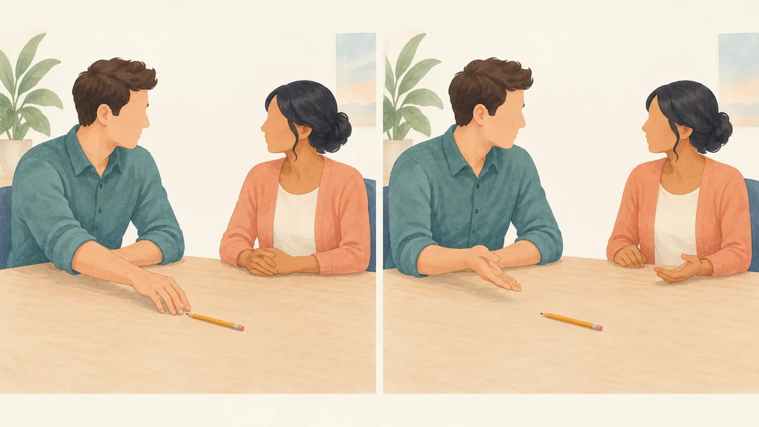 동료에게 연필을 부탁하는 두 장면. 왼쪽 인물은 연필 쪽으로 편안하게 손을 내밀고, 오른쪽 인물은 조금 거리를 두고 손바닥을 펼쳐 요청한다.