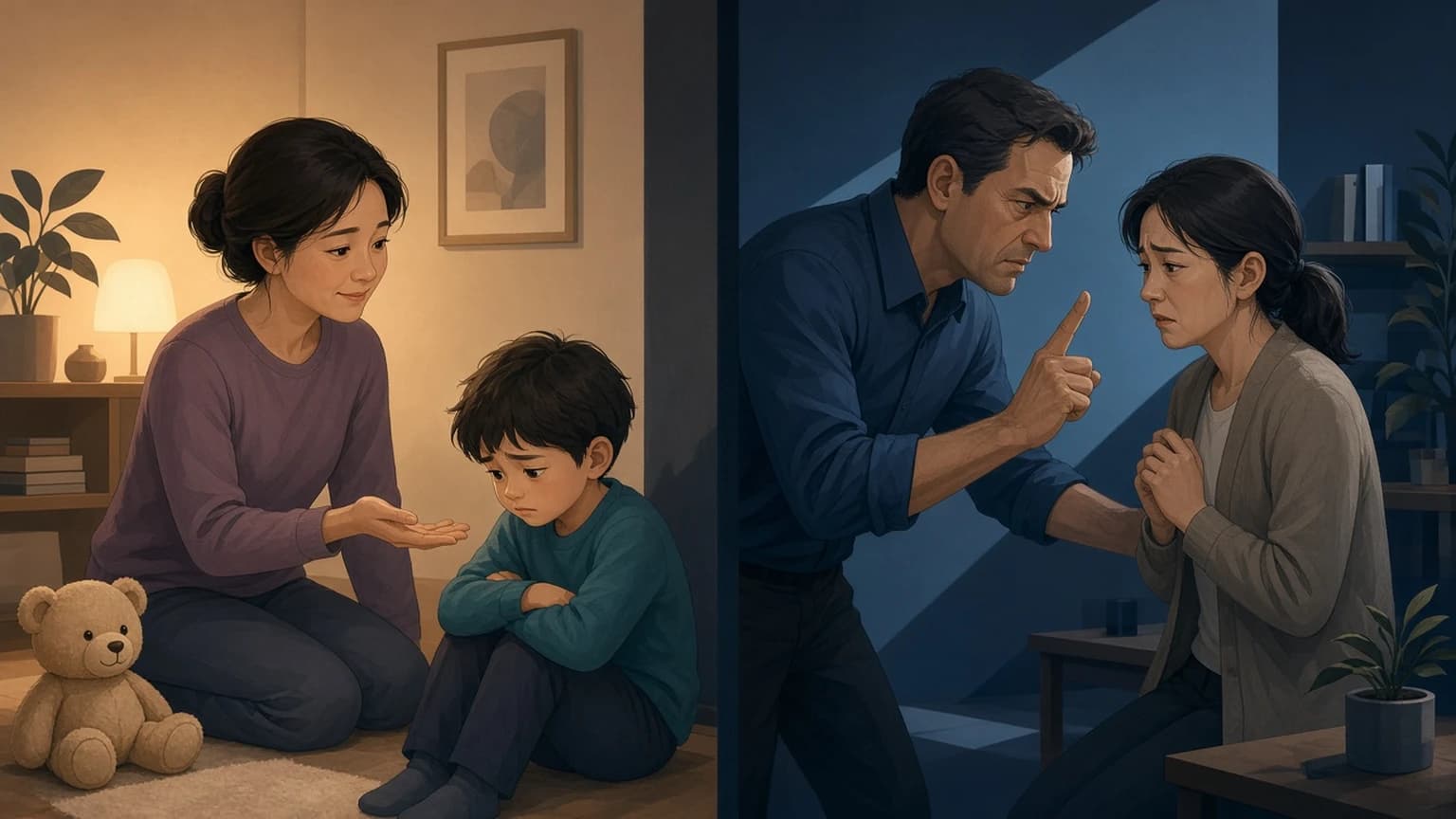 부드럽게 달래는 ‘어르다’와 겁을 주는 ‘으르다’의 의미 차이를 비교한 그림
