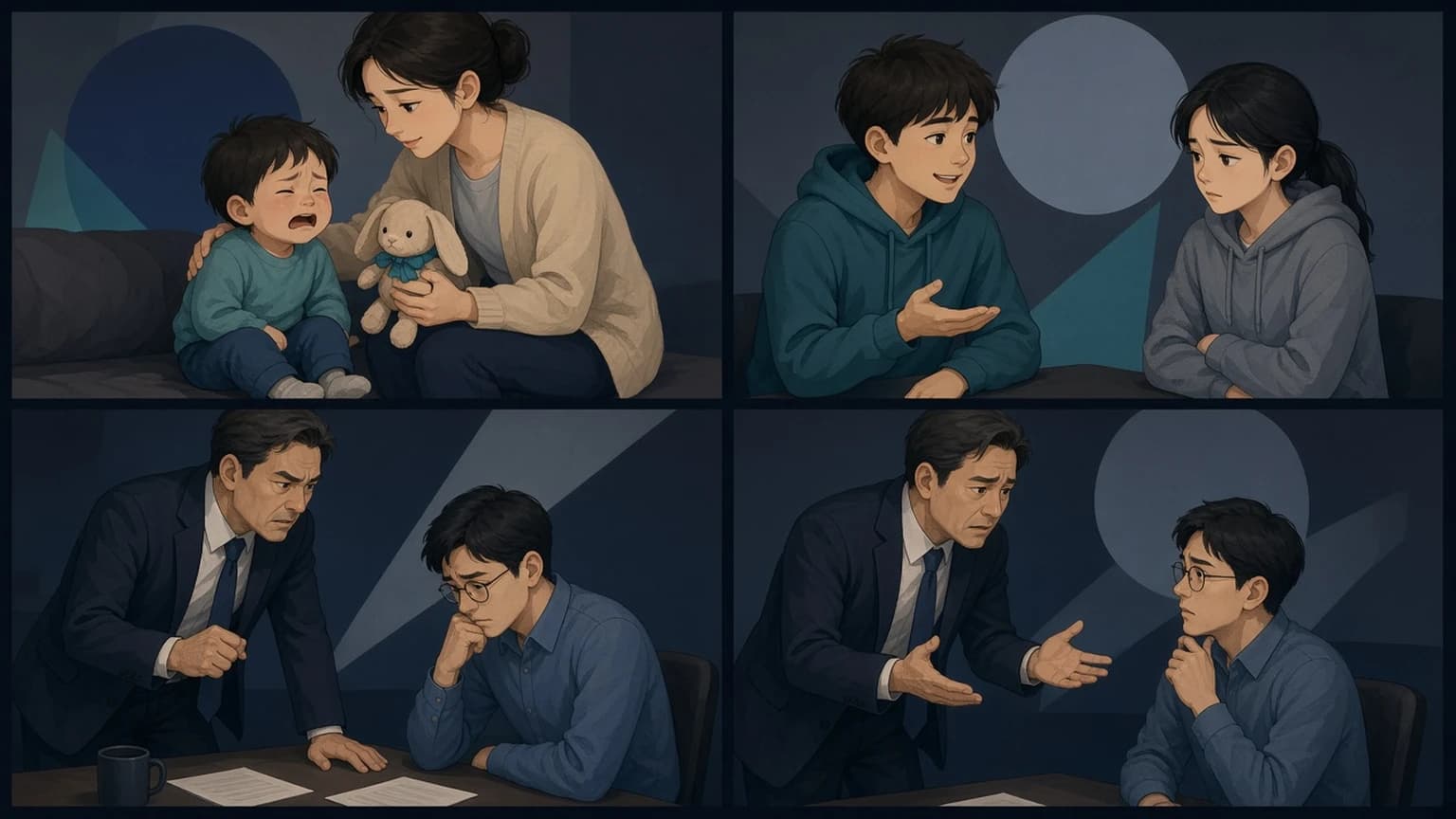 아이를 안아 진정시키는 장면과 무서운 말로 압박한 뒤 달래는 장면을 비교한 그림