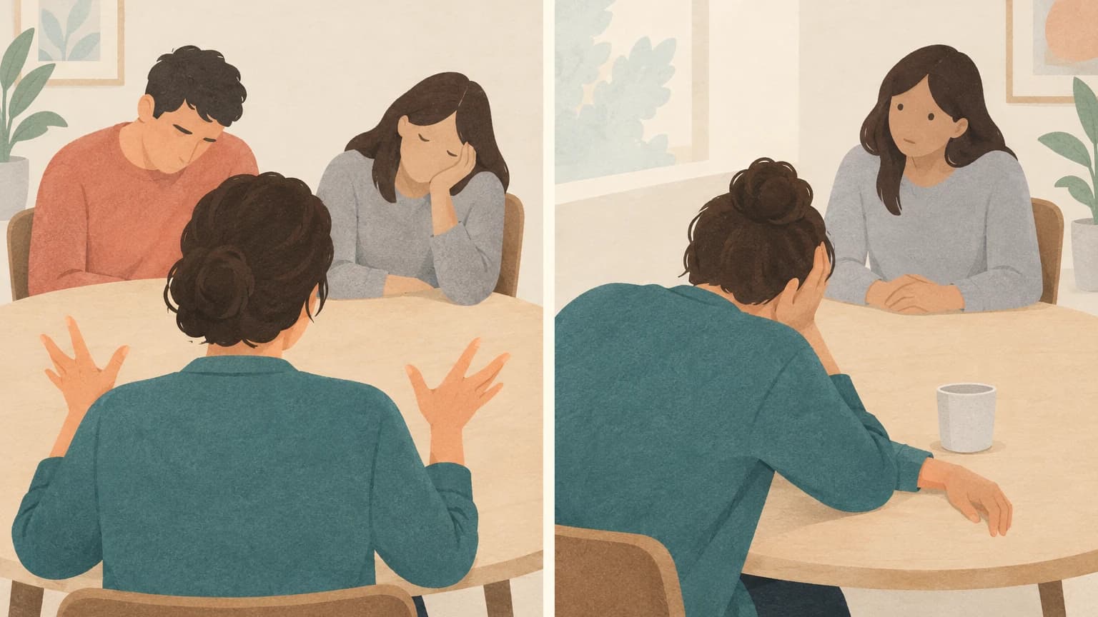 청록색 카디건을 입은 인물의 등 뒤에서 본 두 장면. 왼쪽에서는 이 인물이 손짓하는 동안 맞은편 사람들이 지쳐 있고, 오른쪽에서는 이 인물 자신이 고개를 손에 기댄 채 늘어져 있다.