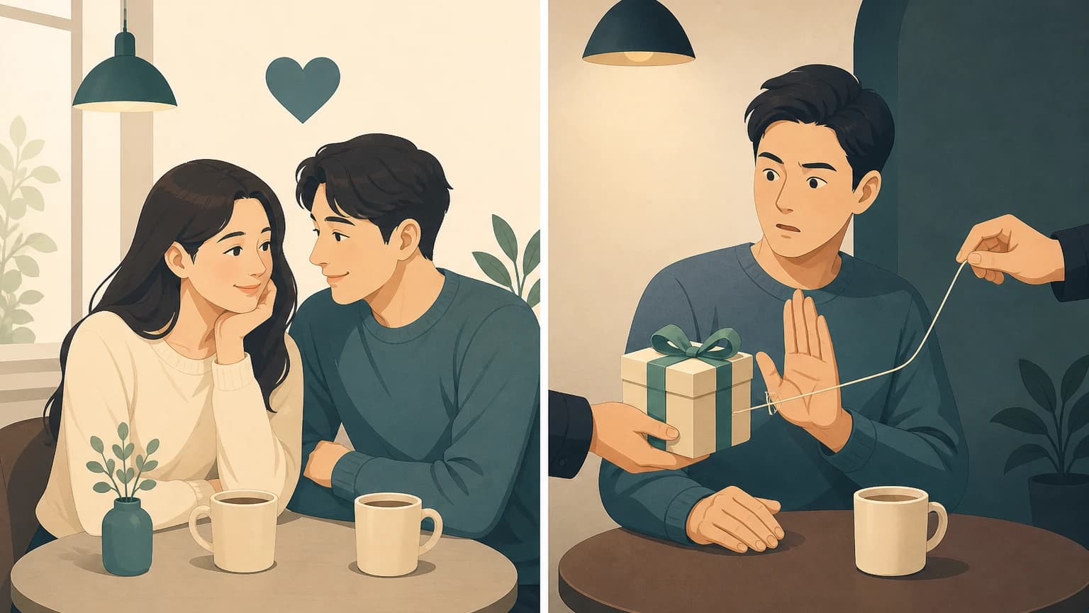I’m falling for you의 호감 표현과 I’m not falling for that의 속임수 거절 표현을 비교하는 학습 이미지