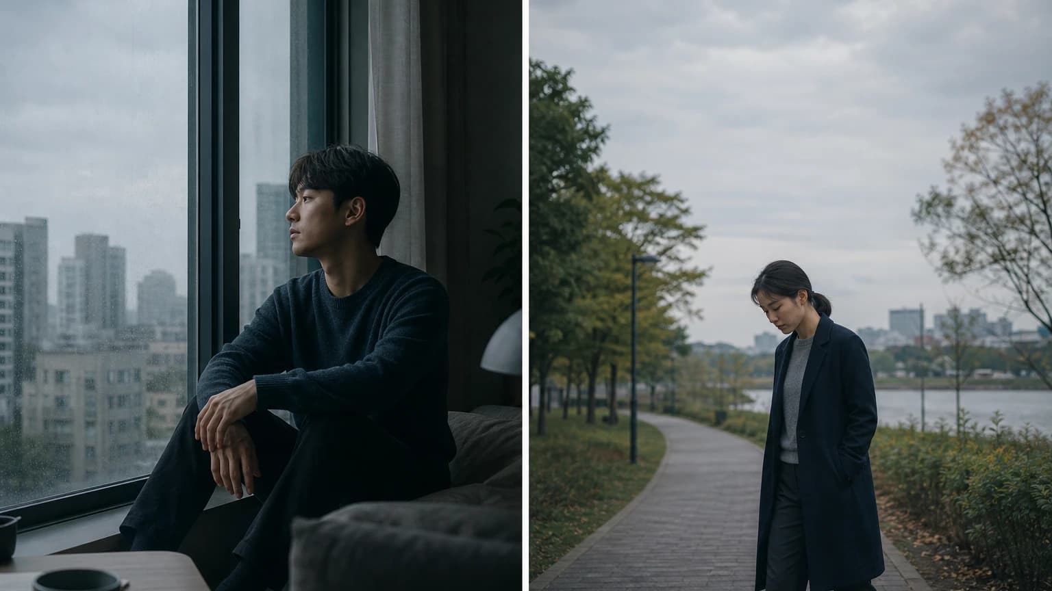 feel low와 feel down이 모두 가라앉은 기분을 나타내지만 어울리는 상황이 조금씩 다름을 보여주는 비교 이미지