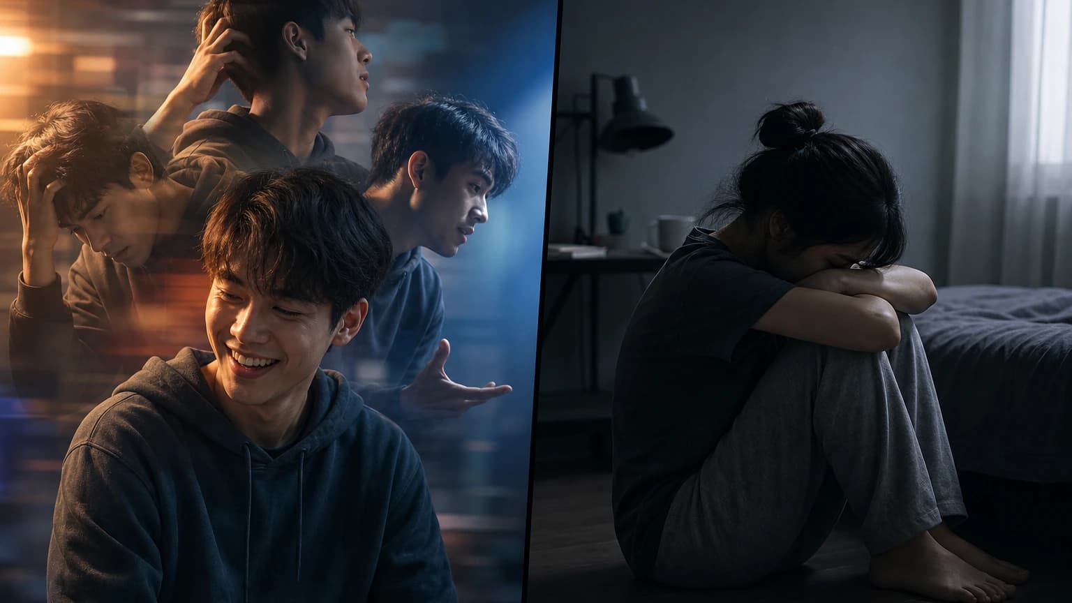 감정 변화가 잦은 moody와 깊거나 지속적인 우울감을 나타내는 depressed의 차이를 보여주는 비교 이미지