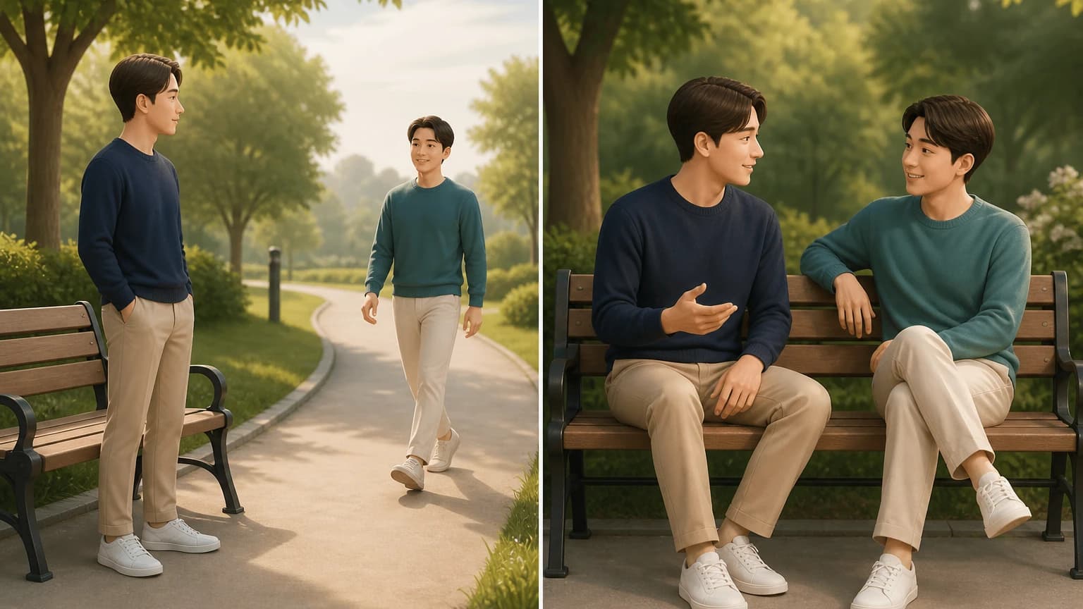 get close to가 사람에게 물리적으로 다가가는 상황과 대화를 통해 친해지는 상황의 비교