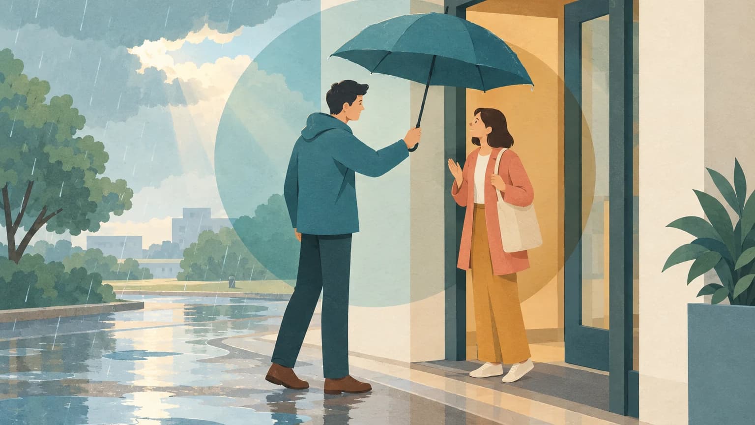비가 그친 건물 입구에서 한 사람이 우산을 받쳐 주고, 마른 문턱에 도착한 다른 사람이 손짓으로 감사를 전한다. 두 사람과 입구 뒤로 반투명 원 두 개가 겹쳐 있고 바깥에는 물웅덩이가 보인다.
