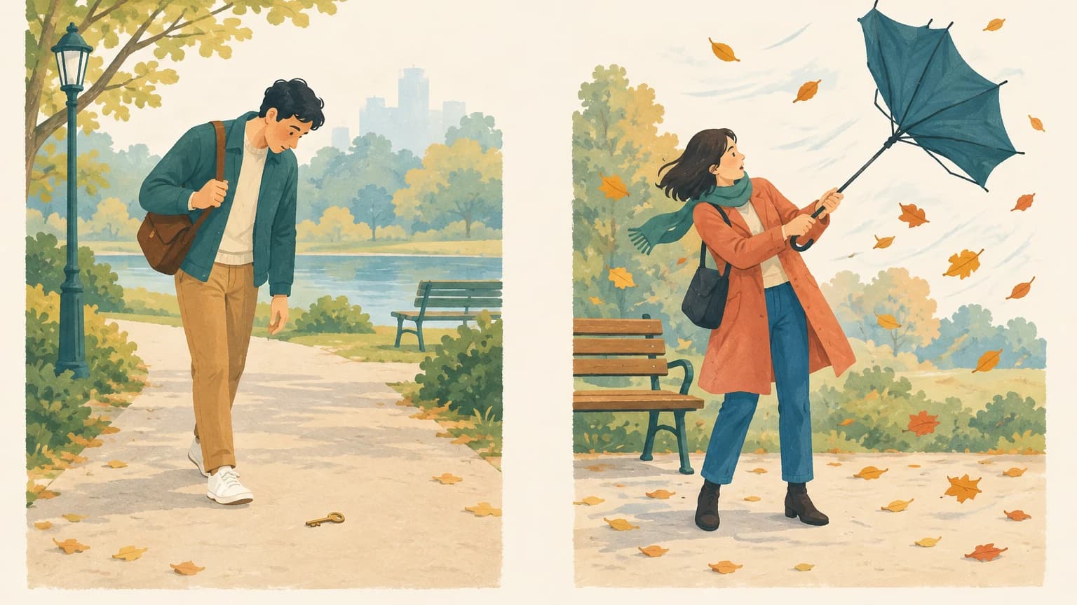 왼쪽에는 공원 길에서 떨어진 열쇠를 발견해 내려다보는 사람이, 오른쪽에는 돌풍에 우산이 뒤집혀 곤란해진 사람이 그려져 있다.