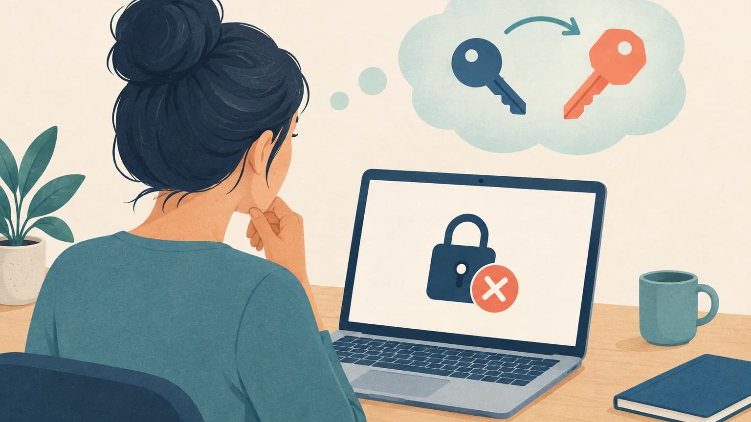 잠금 아이콘과 붉은 엑스가 뜬 노트북을 바라보는 사람 위로, 서로 다른 두 열쇠와 교체 화살표가 담긴 생각 풍선이 떠 있다.
