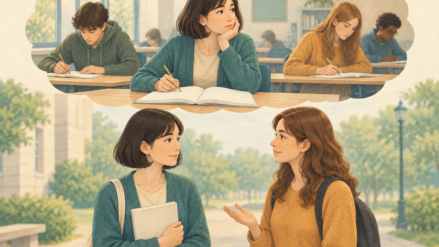아래에는 공책을 든 학생과 고개를 끄덕이는 친구가 대화하고, 위쪽 회상 장면에는 다른 학생들이 공부하는 동안 연필을 멈춘 채 먼 곳을 바라보는 같은 학생이 보인다.