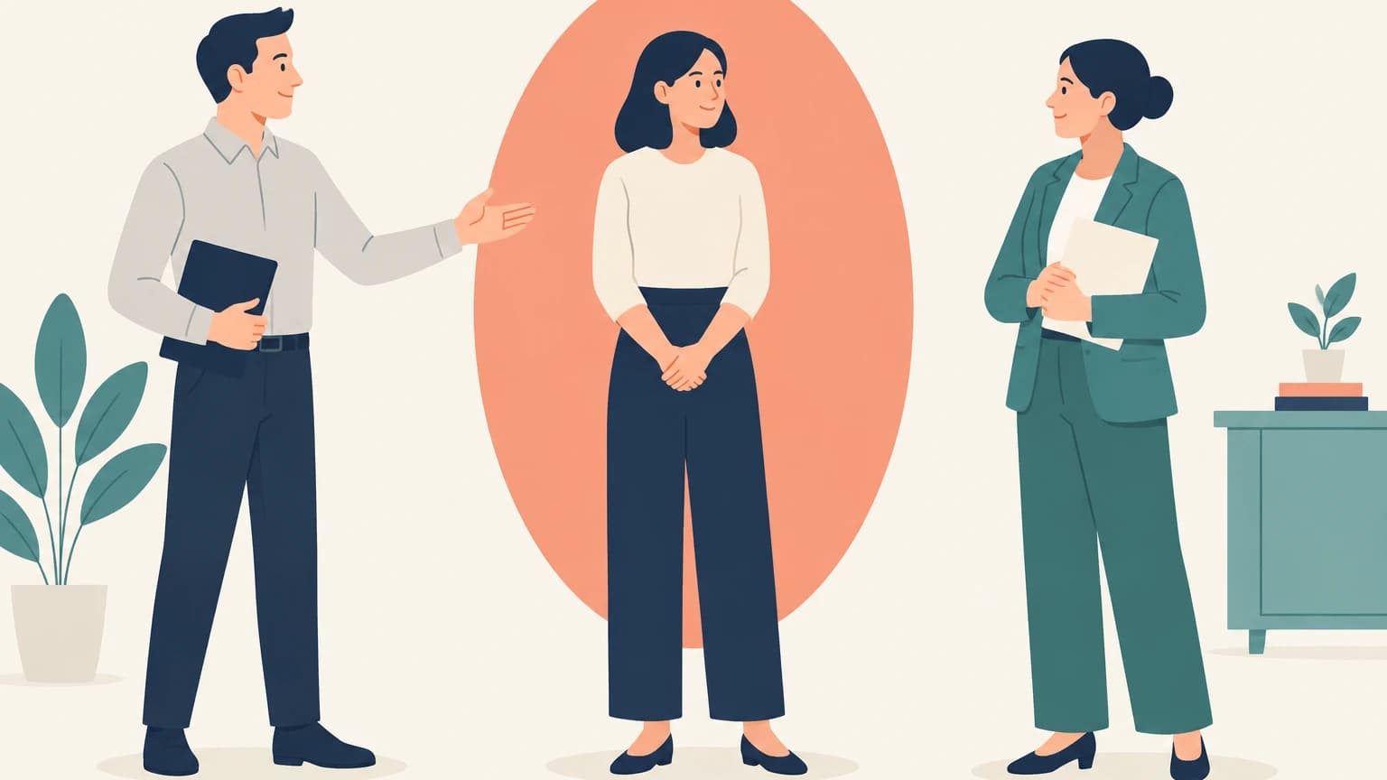 왼쪽 인물이 산호색 배경 앞의 동료를 손바닥으로 가리켜 소개하고, 오른쪽의 청록색 옷을 입은 담당자가 동료를 바라보는 장면.