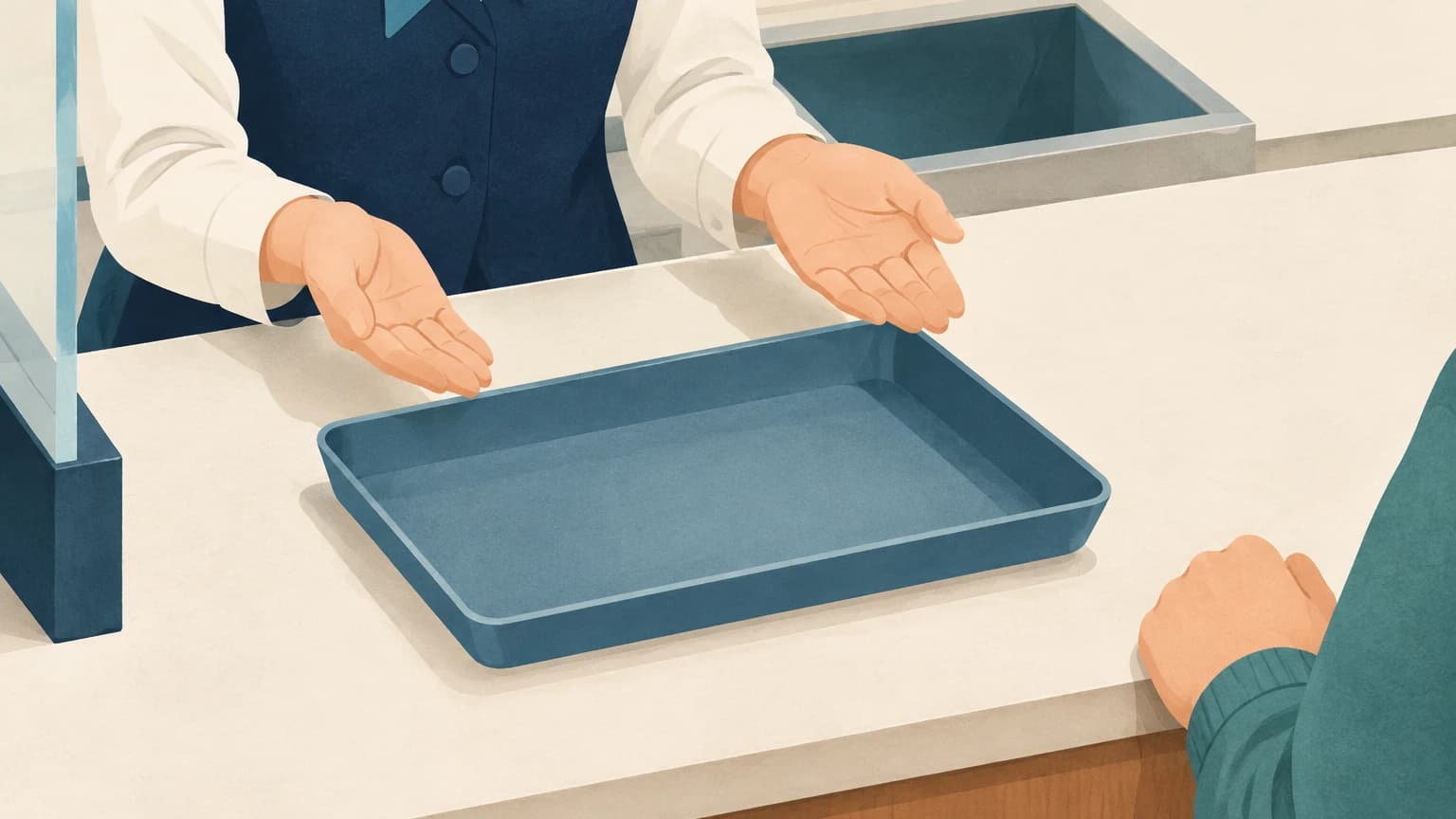 빈 표 받침대가 놓인 매표대에서 직원이 두 손바닥을 펼쳐 보이고, 맞은편 손님이 기다리는 모습. 뒤쪽 보관 칸도 비어 있다.