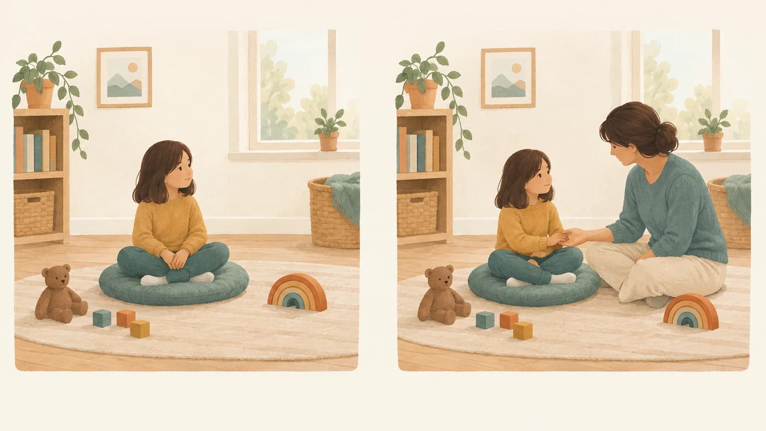 나란히 놓인 두 장면에서 왼쪽 아이는 방석에 혼자 차분히 앉아 있고, 오른쪽 아이는 곁에 앉은 어른의 손을 잡고 안정을 찾는다.