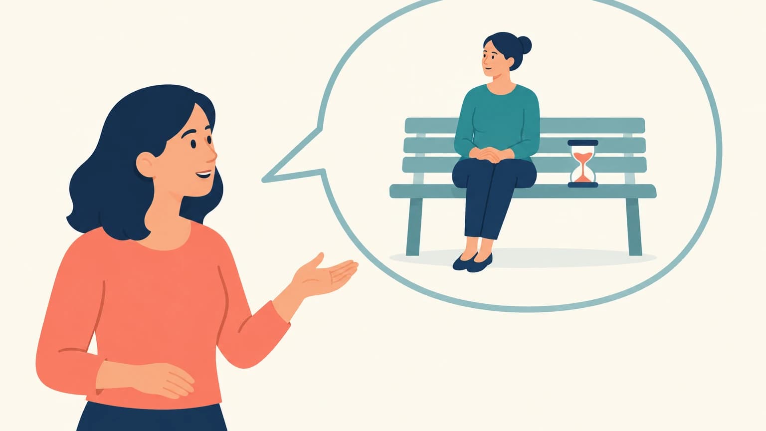 산호색 옷을 입은 사람이 손짓하며 말하고, 그 사람에게서 나온 큰 말풍선 안에는 청록색 옷을 입은 사람이 모래시계 옆 벤치에 앉아 기다리고 있다.