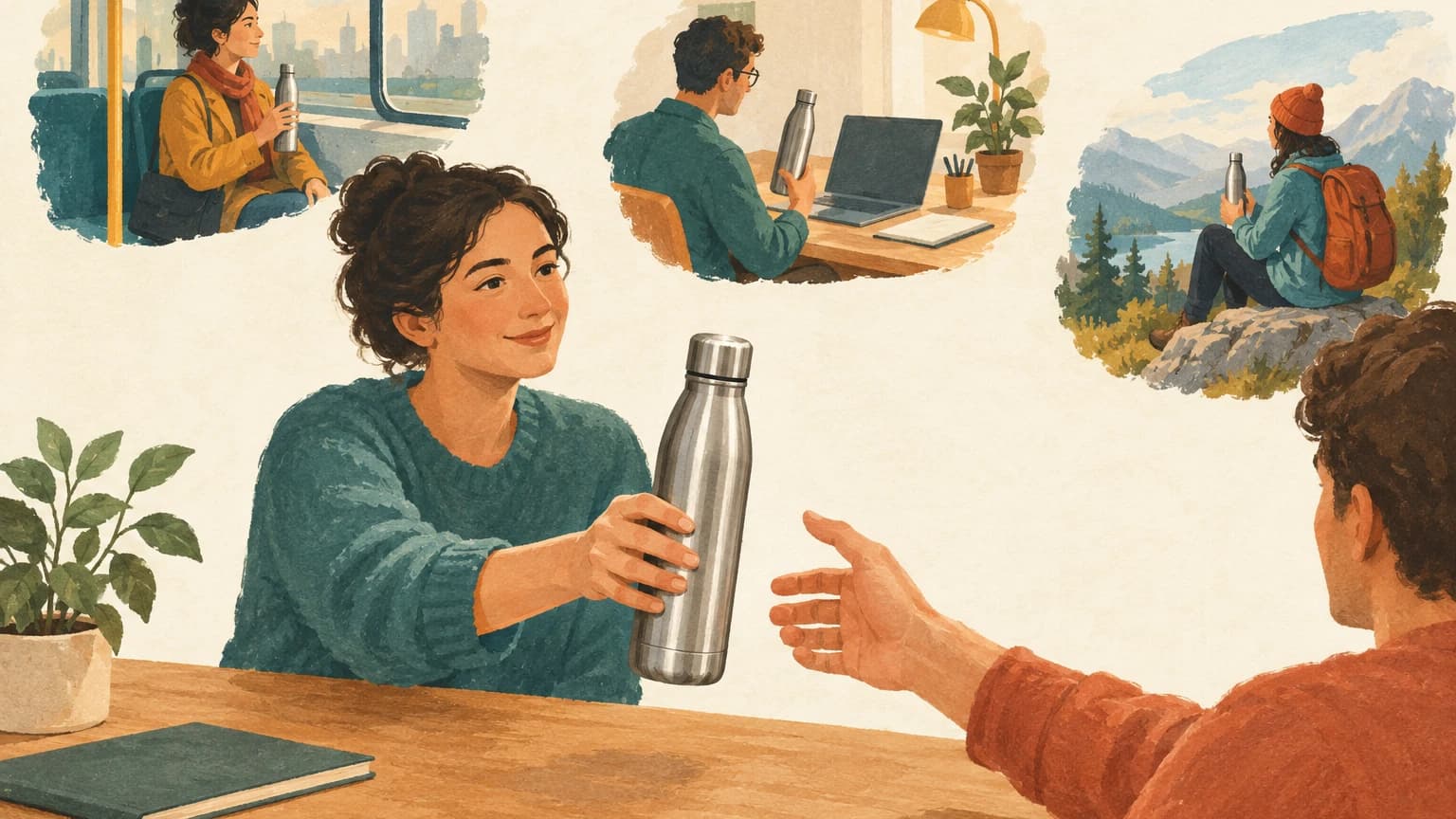 출근길과 책상, 등산 중에 쓰던 같은 보온병을 다른 사람에게 자신 있게 건네는 장면.